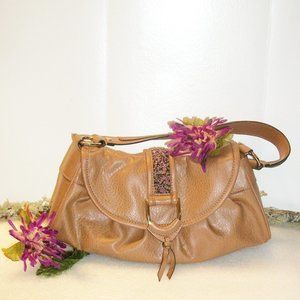 LIZ CLAIBORNE Beaded Shoulder Bag NWOT Caramel Brown 7" H X 13" Gold Hardware